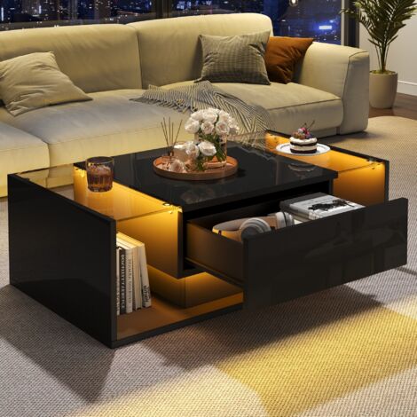 Tavolino rettangolare con contenitore, 1 cassetto, tavolino laterale lucido, LED - soggiorno/camera da letto, 100×50×31cm, nero