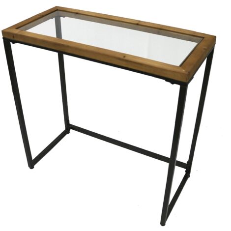 Tavolino rettangolare in legno e metallo con piano in vetro, 75 x 35 x 75,5 cm