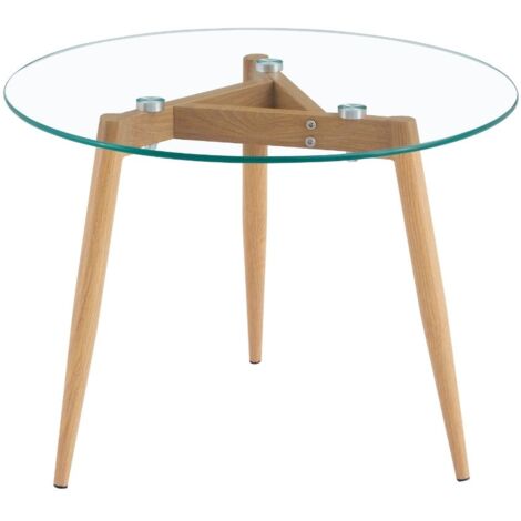Tavolino Rotondo Ø60x44 cm Piano in Vetro Gambe Metallo Color Legno