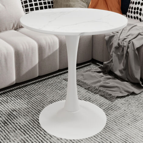 Tavolino rotondo Ø70 cm — versatile (tavolino da caffè/pranzo per 2–4 persone), tavolo da pranzo, piano effetto marmo bianco, base in metallo bianco, per soggiorno/cucina