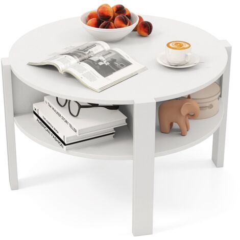 Tavolino rotondo a 2 ripiani, tavolo rotondo in legno con contenitore, 4 scomparti, design compatto, per soggiorno, camera da letto (bianco)