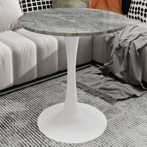 Tavolino rotondo da caffè 27,6" per 2-4 persone, tavolo da pranzo, piano effetto marmo grigio scuro, base in metallo bianco, per soggiorno o cucina