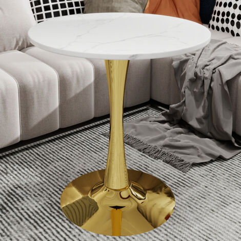 Tavolino rotondo in marmo impiallacciato per 2-4 persone, gambe in metallo dorato — tavolo da soggiorno o da pranzo, 70×70 cm, bianco