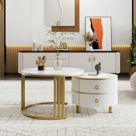Tavolino Rotondo MDF 2 in 1, Tavolino con Piano Lucido e 1 Piano in Marmo Bianco, Tavolino da Salotto Combinato con 2 Cassetti, 70 x 70 x 46 + 50 x 50 x 40 cm