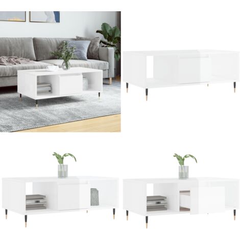 Tavolino Salotto Bianco Lucido 90x50x36,5 cm Legno Multistrato - Tavolino da Salotto - Tavolino in Legno