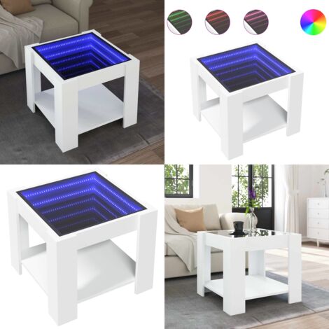 Tavolino Salotto con LED Bianco 53x53x45 cm Legno Multistrato - Tavolino da soggiorno con specchio - Tavolino con luci RGB