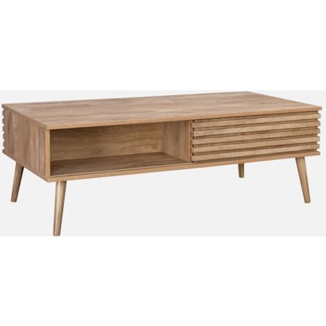 Tavolino scandinavo con ante scorrevoli, decoro in legno scanalato