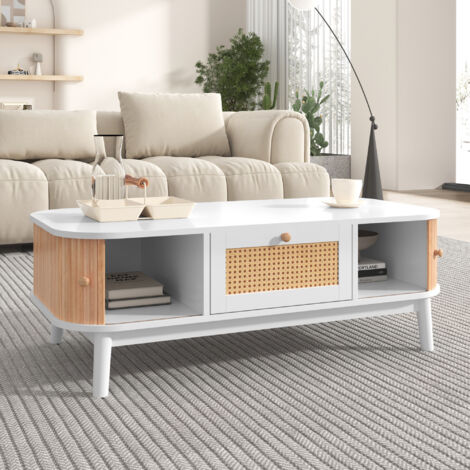 Tavolino - Tavolino in rattan, cassetti con rattan e ante scorrevoli con doghe in legno massello, gambe in legno massello, stile country bianco naturale