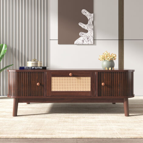 Tavolino - Tavolino in rattan, cassetti con rattan e ante scorrevoli con doghe in legno massello, gambe in legno massello, stile country marrone naturale
