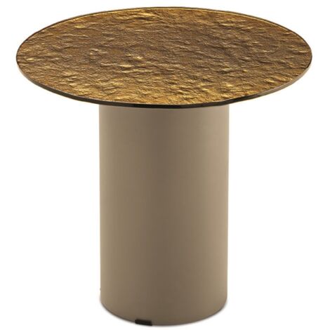 Tavolino tondo WAYLON 45 con base in metallo Beige e piano in vetro martellato Ambra