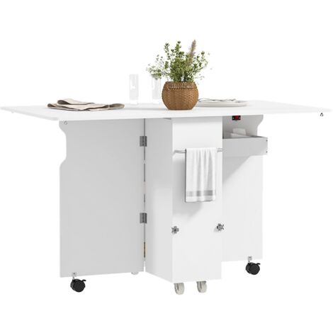 Tavolo a Ribalta Pieghevole con Ripiani a 3 Livelli Box e Rotelle 130x80x76,5 cm in MDF Bianco
