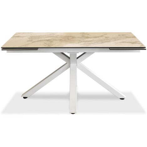Tavolo Allungabile 160/240x90x76 cm in Metallo con Top Ceramica su Vetro Marmo Bianco