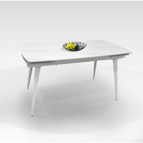 TAVOLO ALLUNGABILE CM 140X80 METALLO BIANCO E VETRO EFFETTO MARMO