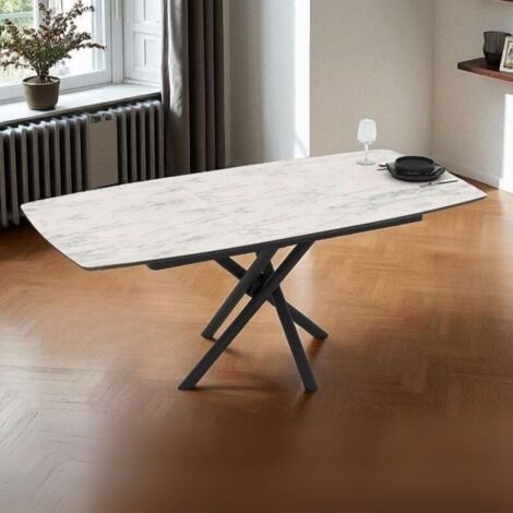 Tavolo allungabile con piano marmo bianco e gambe a stelo incrociate nere 138/178x90x76H Katrin