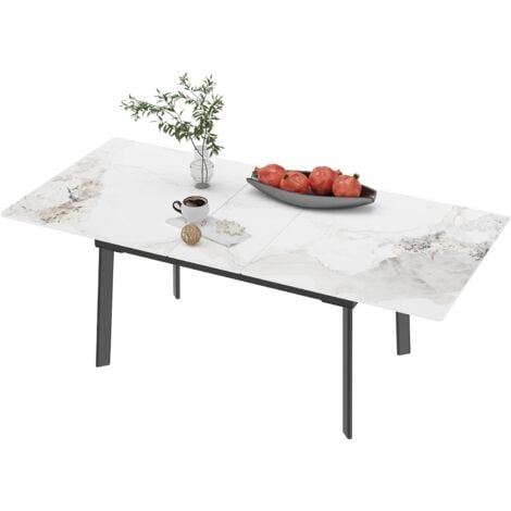 Tavolo Allungabile Sala da Pranzo Marmo 130-160cm Rettangolare per 6-8 Persone, Bianco smeraldo freddo colore Pietra Sinterizzata