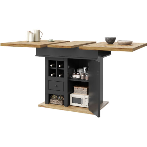 Tavolo Allungabile110-140x80x75 cm, Tavolo Multifunzione con Portabottiglie e Cassetti, MDF, Nero, per Cucina e Soggiorno