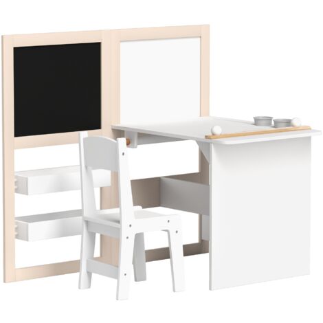 Tavolo bambini 3 in 1 con sedie, lavagna bianca/nera, rotolo carta e ripiani, bianco 81,5×111,5×102,4 cm
