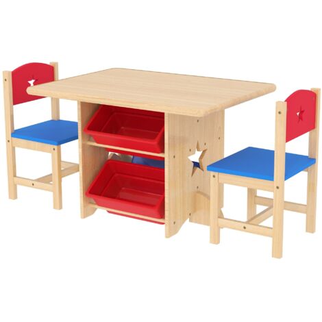 Tavolo bambini con 2 sedie, set 3 pezzi in legno con 4 contenitori, naturale 77×57×50 cm