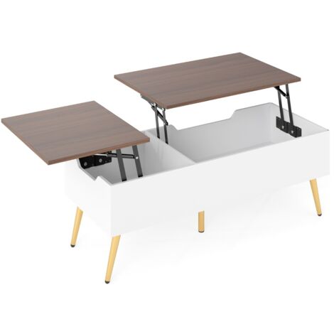 Tavolo centrale moderno con 2 scomparti nascosti e gambe in metallo tavolo, Tavolino da caffè con piano sollevabile Noce