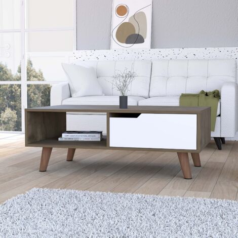 Tavolo centrale Oslo con doppio piano di stoccaggio, dimensioni 37 cm x 60 cm x 100,6 cm, finitura in noce acorn e bianco