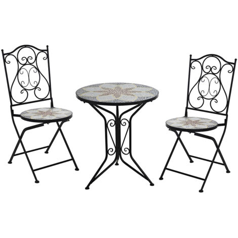 Tavolo CM60 in Ferro Battuto con Piano in Ceramica MOSAICO + 2 Sedie Pieghevoli– Set per Esterni Giardino Balcone TERRAZZE