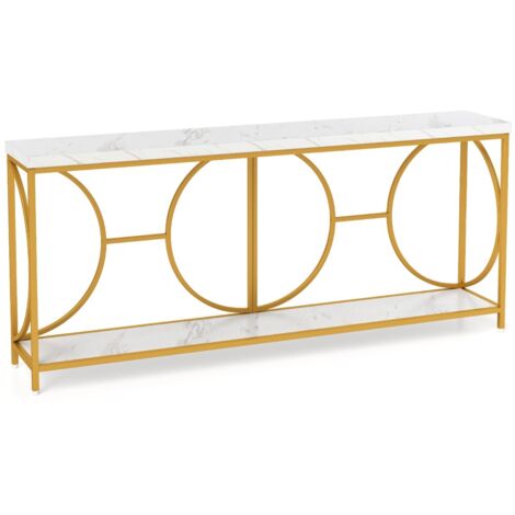 Tavolo console a 2 livelli con superficie in marmo finto, Tavolo console stretto da 180 cm per ingresso Bianco + Oro