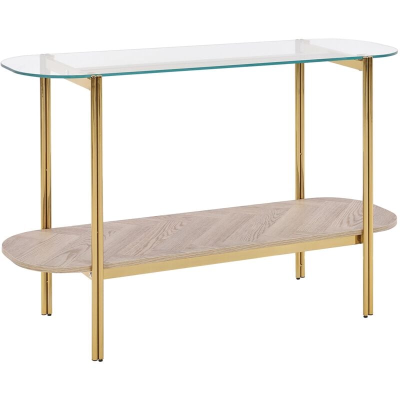 Tavolo console con piano in vetro temperato e struttura in metallo 1 ripiano in legno chiaro e oro Lovell