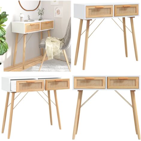 Tavolo Consolle Bianco 80x30x75cm Massello Pino Rattan Naturale - Tavolo da ingresso - Tavolo in legno