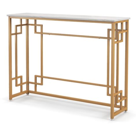 Tavolo consolle da 110cm con cornice geometrica dorata piano effetto marmo, Tavolo da ingresso stretto Bianco