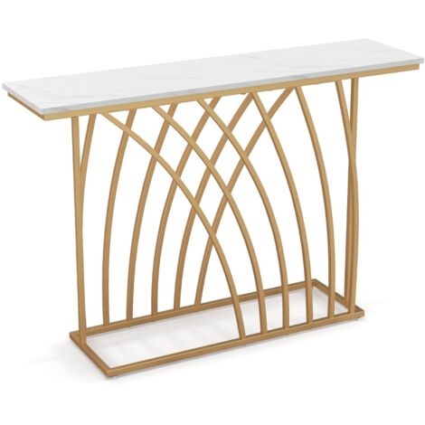 Tavolo consolle da 120cm con piano effetto marmo base geometrica, Tavolo da ingresso lungo e stretto Bianco