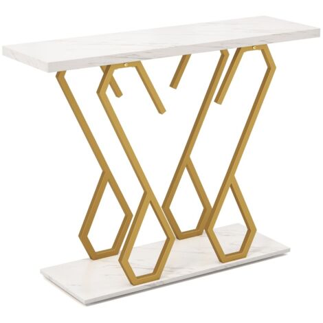 Tavolo consolle effetto marmo con piedini regolabili struttura in metallo, Tavolo d'ingresso 100x30x79cm Bianco