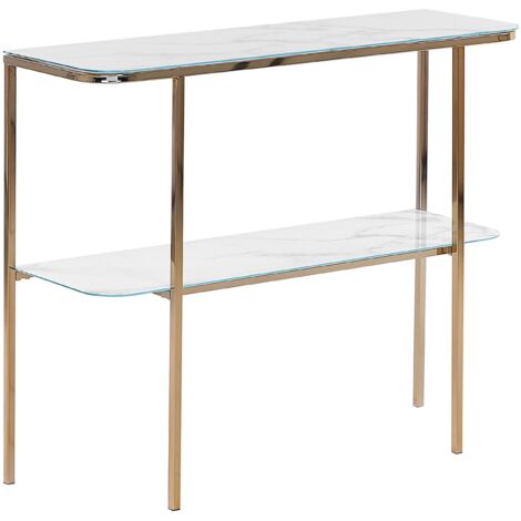 Tavolo consolle glamour effetto marmo 100 x 35 cm piano bianco gambe in metallo dorato Calvert