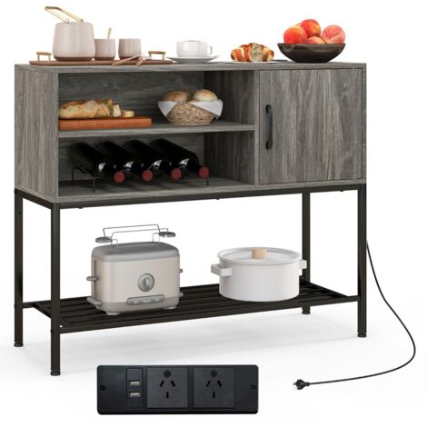 Tavolo consolle in legno con struttura metallica per sala da pranzo, Credenza buffet con portabottiglie e mensole Grigio