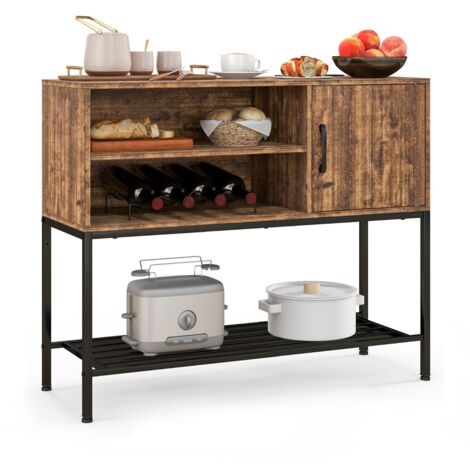 Tavolo consolle in legno con struttura metallica per sala da pranzo, Credenza buffet con portabottiglie e mensole Marrone