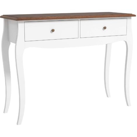 Tavolo Consolle Moderno 100x35x76,5 cm con 2 Cassetti in Legno Bianco e Marrone Scuro