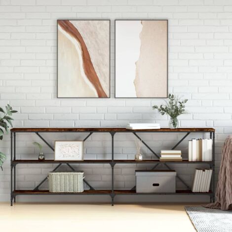 Tavolo Consolle，Tavolo da ingresso，Consolle Salvaspazio e Multiuso per Soggiorno, Ingresso e Corridoio Rovere Fumo 200x30x75cm Legno Multistrato Ferro CNWI353564 BonneVie