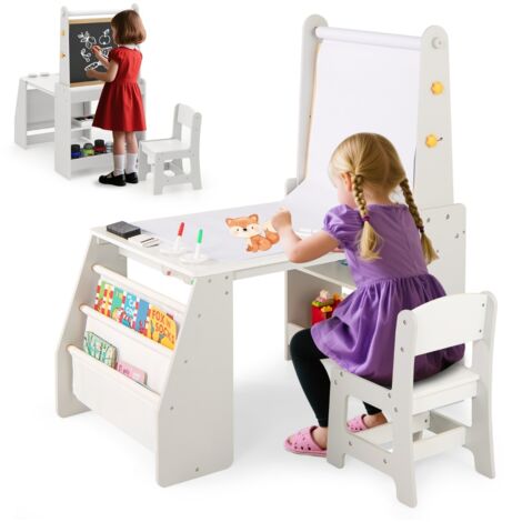 Tavolo da attività multifunzionale con lavagna e sedia lavagna bianca, Set tavolo e sedia per bambini 2 ripiani rotolo di carta Grigio