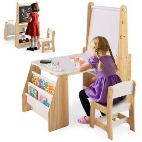 Tavolo da attività multifunzionale con lavagna e sedia lavagna bianca, Set tavolo e sedia per bambini 2 ripiani rotolo di carta Naturale