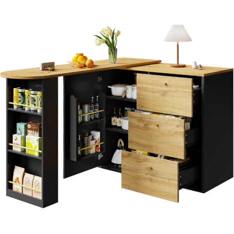 Tavolo da Bar 138-204x39x104 cm, Estensibile con Ripiano per Snack Laterale, girevole a 360°, MDF, Nero, per Cucina