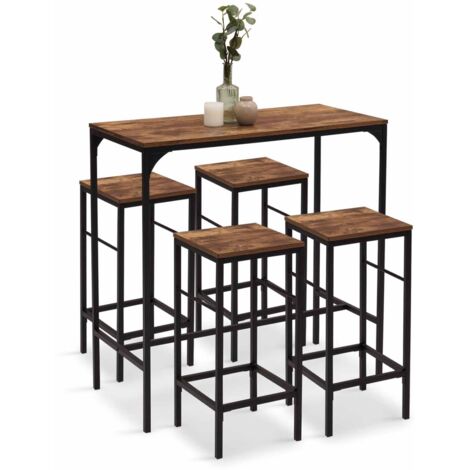Tavolo da bar e 4 sgabelli DAYTON, alti 100 cm, in legno scuro con effetto distressed e design industriale nero