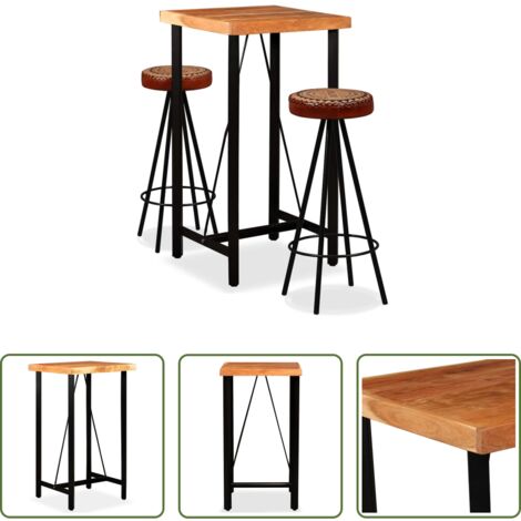 Tavolo da bar in acacia -  Set da Bar 3 pz in Legno Massello Acacia in Pelle Vera e Tela