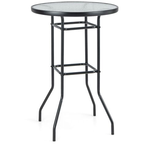 Tavolo da bar per giardino con piano in vetro temperato e telaio in metallo resistente, Tavolo rotondo alto 97cm Nero