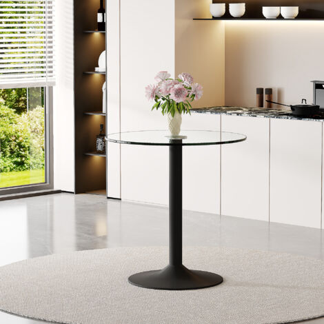 Tavolo da bar rotondo 89x92 cm, piano in vetro trasparente, base in metallo nero, stile moderno per soggiorno o bar.