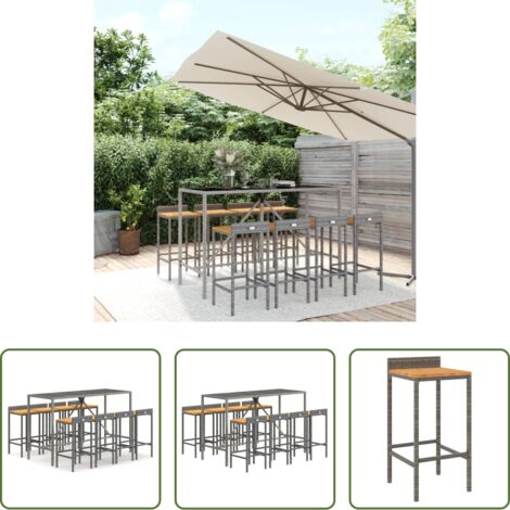 Tavolo da bar -  Set Bar Giardino 9pz Grigio Polyrattan e Legno Massello Acacia