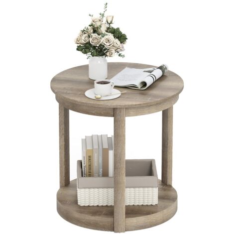 Tavolo da caffè a 2 livelli con ripiano e gambe in legno di gomma, Tavolino da cocktail rustico per soggiorno Grigio