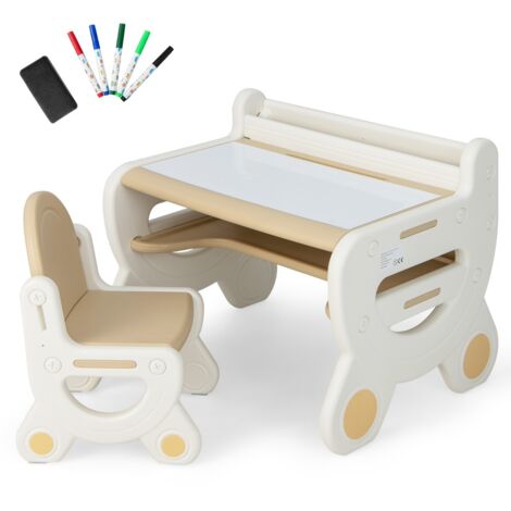 Tavolo da disegno e sedia per bambini con acquarelli e gomma per lavagna, Tavolo con ripiano da leggere Marrone