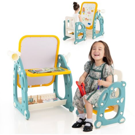 Tavolo da disegno per bambini con sedia, Set tavolo e sedia per attività con lavagna bianca regolabile a 3 livelli Blu