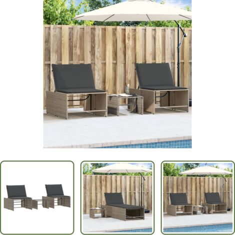 Tavolo da esterno -  Lettini prendisole 2 pz con tavolo grigio in polyrattan