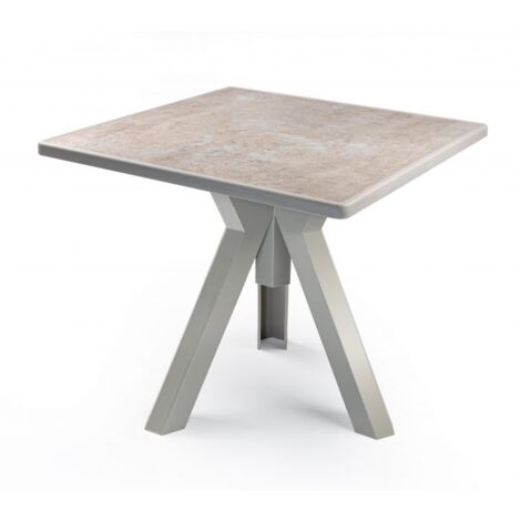 Tavolo Da Esterno Quadrato 80x80 Ometto - Base a tre gambe in Polipropilene Tortora e Piano in Pietra Real Surface