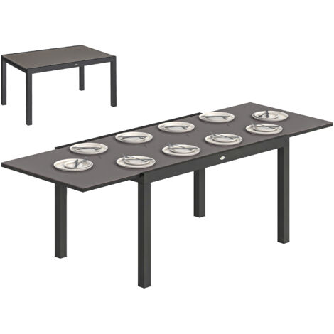 Tavolo da giardino allungabile per 8-10 persone con piano in vetro temperato, in alluminio, 140/240x90 cm, nero.